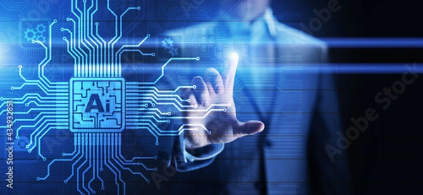 Fototapeta AI Artificial intelligence, Machine learning, Big data analysis and automation technology in business and industrial manufacturing concept on virtual screen