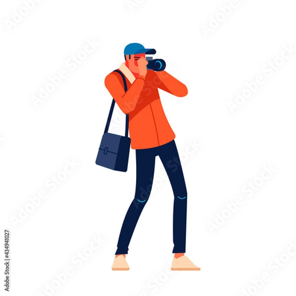Fototapeta Photojournalist, cameraman documenting war and conflict, street riots. Character Journalist photographer making pictures. Cartoon flat style design vector illustration isolated on white background