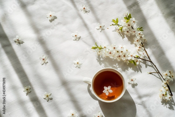 Obraz Colorful bright floral pattern with tea cup. Flat lay.