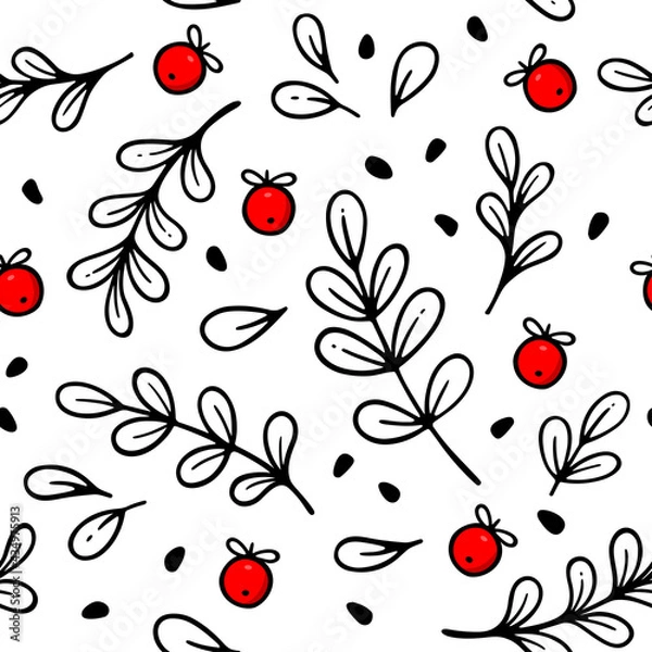 Obraz Cute Christmas seamless pattern with mistletoe leaves and holly berries. Great for winter theme wrapping paper, fabric, textile, wallpaper. Nature motive. New year  cartoon vector background.