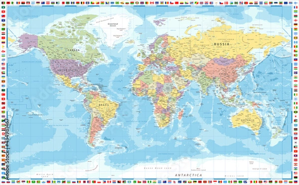Obraz Color World Map - Vector Illustration. Map of the World and Flags