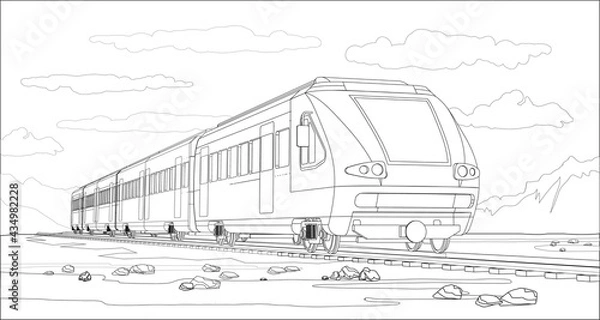 Fototapeta Vector coloring page with 3d model modern high-speed train and bright landscape. Beautiful vector illustration with train travel. Beautiful high-tech train graphic vector