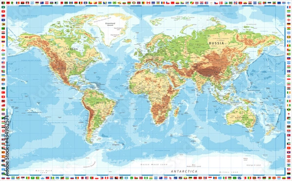 Obraz Topographic World Map and Flags - Vector Illustration. Physical Relief