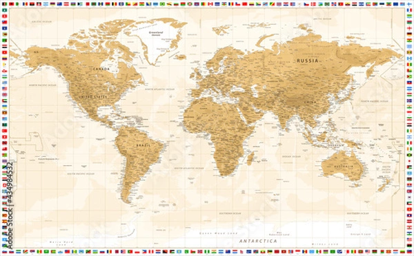 Fototapeta Golden Physical World Map and All Flags of the World. Vector Illustration.