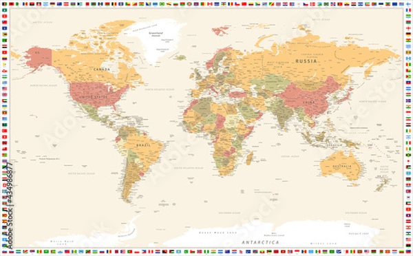 Fototapeta Vector World Map. Vintage. Flags. Countries. Cities. Rivers.