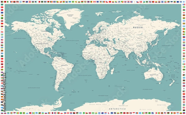 Obraz World Map. Light Land on Dark Water. With Flags. Vector Image