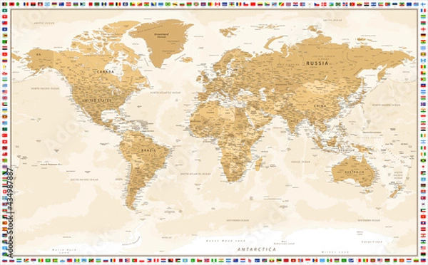 Fototapeta Golden Spotted Color World Map. All Flags of the World Around the Map. Vector Illustration.