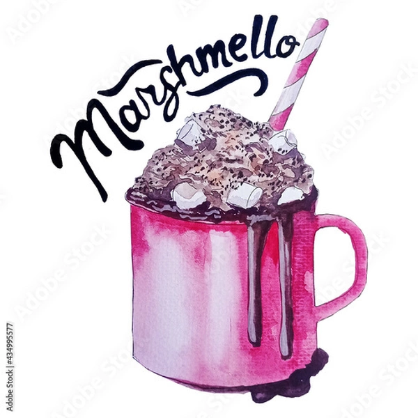 Fototapeta cup of coffee with chocolate and marshmello handpainted