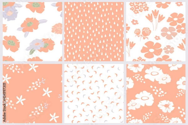 Fototapeta Set of seamless spring, summer patterns. Delicate cute blossoms, flowers daisies on a pink, white background. Girly vintage ornament, plant print. Petals, drops, simple random shapes. Vector graphics.