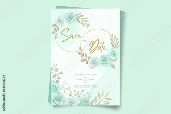 Fototapeta Elegant wedding invitation template with turquoise color floral ornament