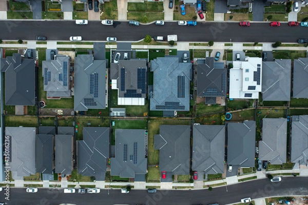 Obraz Aerial view of a neighbourhood amongst new housing development in rapidly growing south west Sydney, Australia.