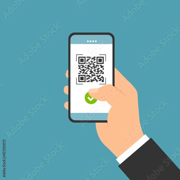 Fototapeta Flat design illustration of male hand holding touch screen mobile phone. QR code scan for payment, business vector