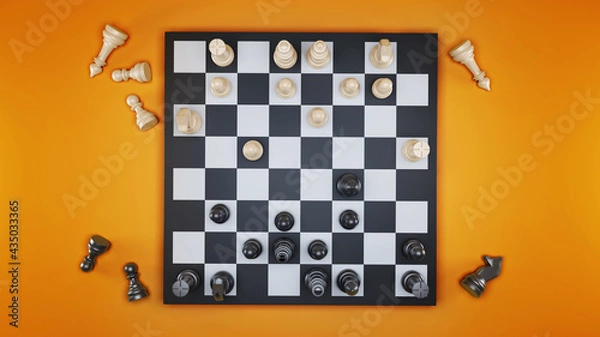 Fototapeta Chessboard with black and white chess pieces isolated on yellow background. 