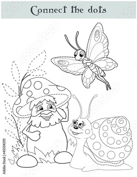 Obraz Connect the dots, education game for children, mushroom, snail, butterfly. Black and white cartoon vector illustration.