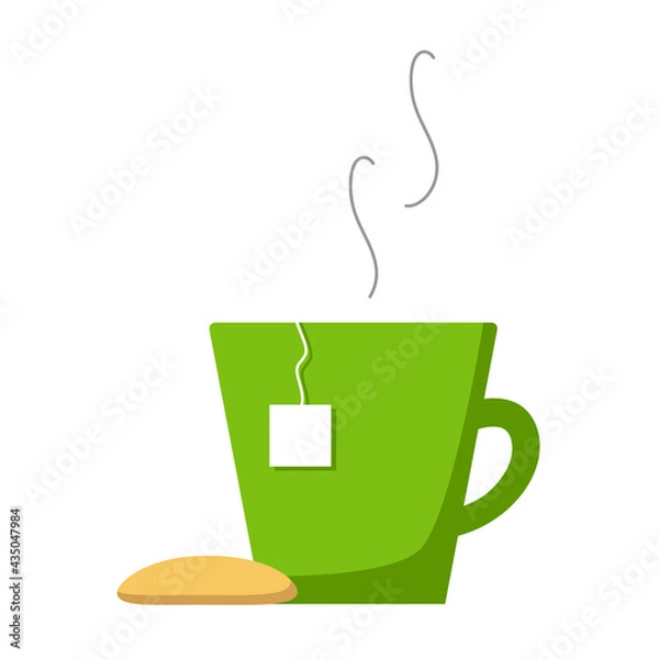 Obraz Green cup of hot tea with teabag label, steam and yellow cookie. Flat style, vector illustration