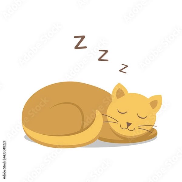 Obraz Sleeping ginger cat with grey shadow, isolated on white background. Cozy, cute and sweet domestic pet, smiling while dreaming. Flat style, vector illustration