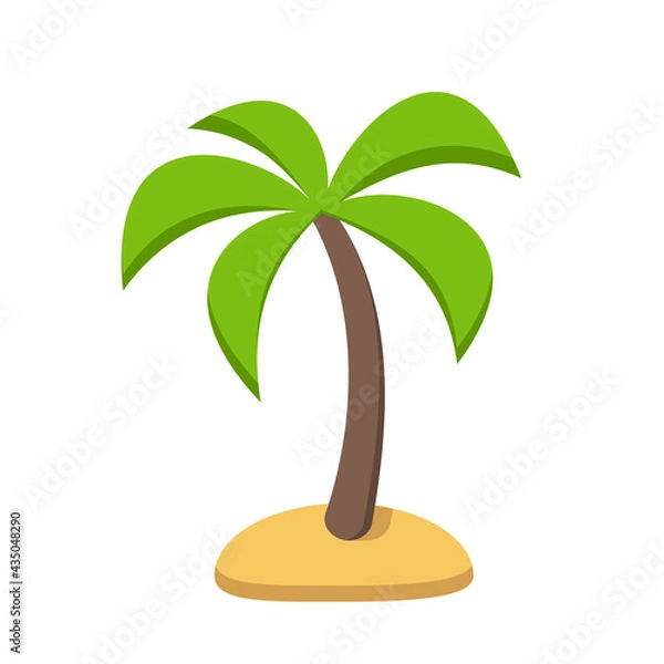 Fototapeta Palm tree with green leaves, brown trunk and yellow sand island, isolated on white background. Flat style, vector illustration