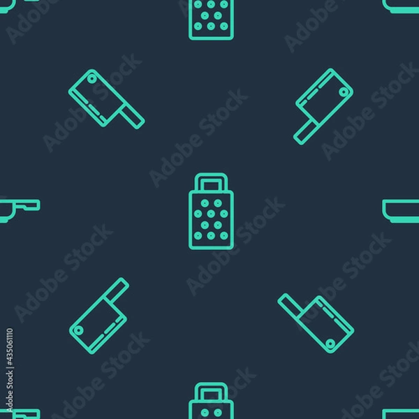 Fototapeta Set line Grater, Meat chopper and Frying pan on seamless pattern. Vector