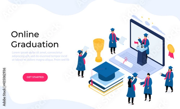 Fototapeta Virtual online graduation ceremony. Tiny isometric graduates in gowns and mortarboards celebrate completion of studies. Class of 2021