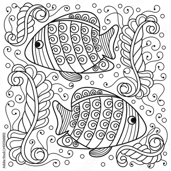 Fototapeta Coloring book for adults , underwater. Marine vector motif . Doodles of the underwater world, sea, ocean, river . Two fish and stylized underwater plants, Monochrome. Aquariums.
