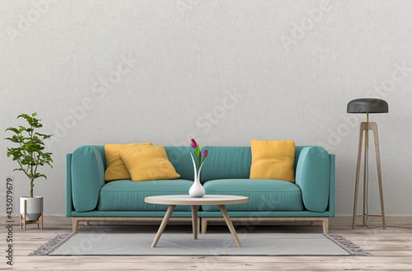 Obraz Living room interior in modern style, 3d render with sofa and decorations.