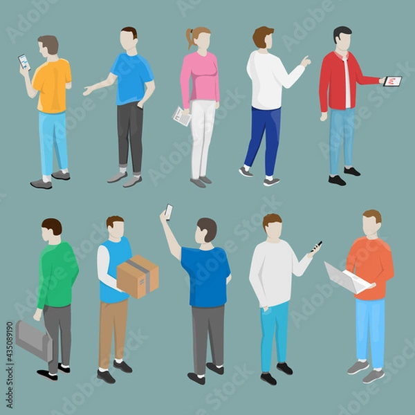 Fototapeta A set of isometric people, in different clothes, different actions and objects.