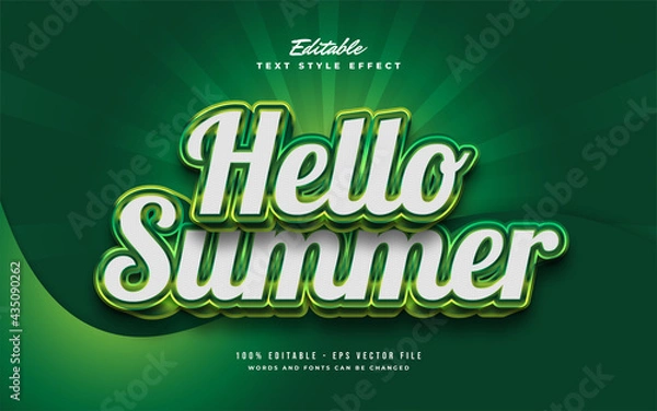 Fototapeta Hello Summer Text in White and Green with 3D Embossed Effect. Editable Text Effect