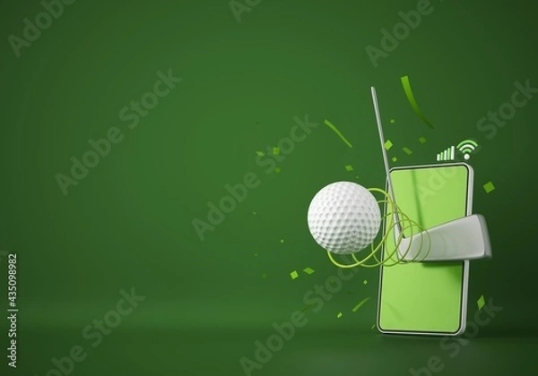 Fototapeta golf ball object with a smartphone. sport application online game. golf training program. sport concept design. green background copy space. online shopping store. competition player. 3d illustrator.