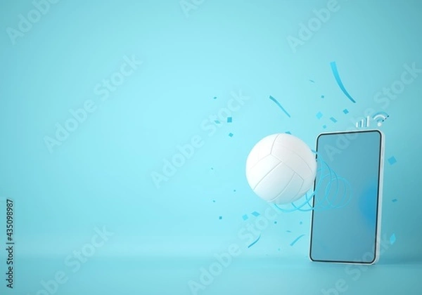 Fototapeta volleyball ball object with a smartphone. sport application online. volleyball training program. sport concept design. green background. online shopping store. competition player. 3d illustrator.