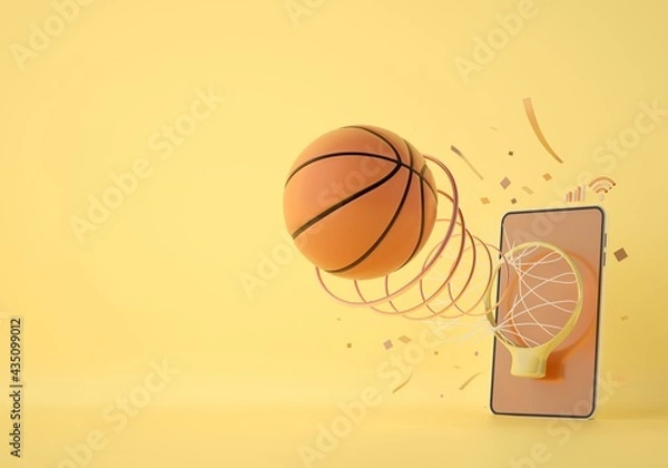 Fototapeta basketball object with a smartphone. sport application. basketball training online. sport concept design. green background. the online shopping store. copy space. competition player. 3d illustrator.