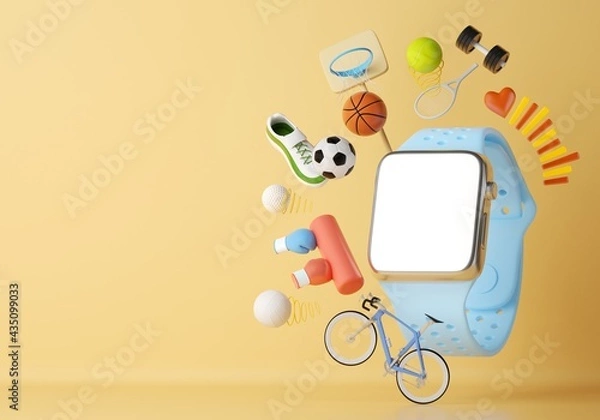 Fototapeta work out online with a smartwatch. sport exercise training application program. trainer sports program. fitness calories tracking. heart rate monitor. competition concept design. 3d illustrator.