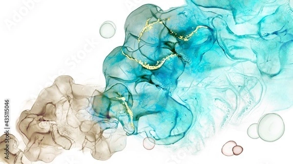 Fototapeta Abstract alcohol ink background. Original fluid art with blue and brown colors. Colorful layers, organic texture, colored bubbles, golden elements, watecolor, hand drawn, painted, trendy liquid 