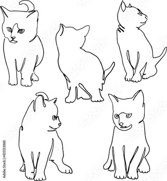 Fototapeta Line art Illustration happy kitten set monoline. Vector illustration