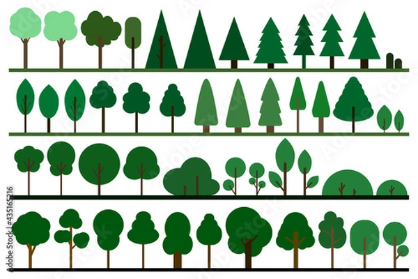 Obraz Green trees in a flat design. Various forest line. Natural product, garden, nature cosmetics, cartoon ecology nature sign. Different trees collection. Vector illustration.