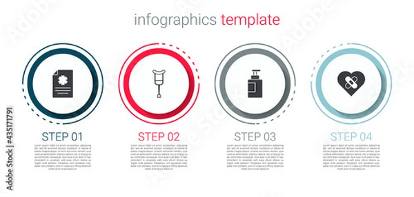 Fototapeta Set Clinical record, Crutch crutches, Hand sanitizer bottle and Healed broken heart. Business infographic template. Vector