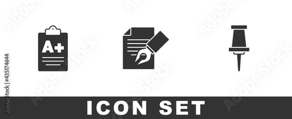 Fototapeta Set Exam sheet with A plus grade, and pencil and Push pin icon. Vector