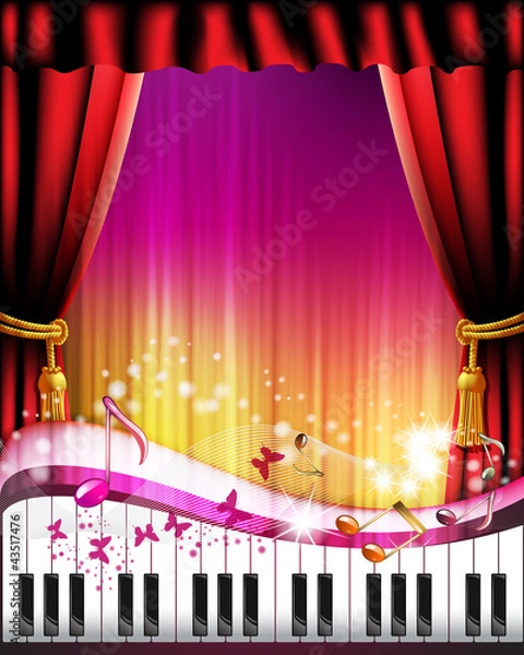 Fototapeta Piano keys with red curtain, butterflies and stars