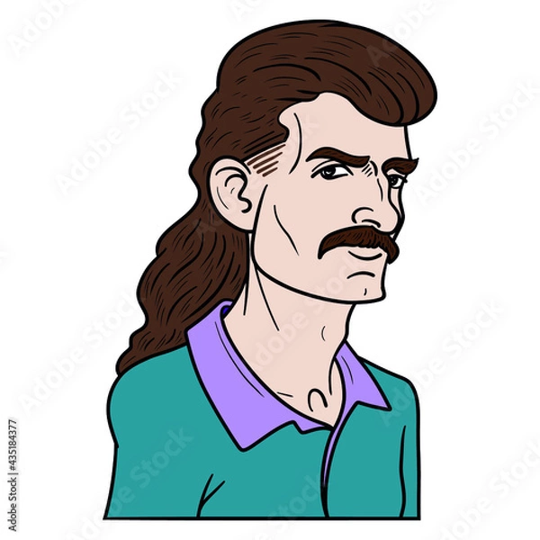 Fototapeta comic drawing of a man with a mullet and mustache. vector, outline.