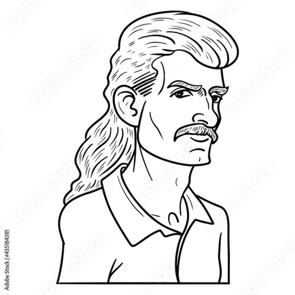 Fototapeta monochrome comic drawing of a man with a mullet and mustache. vector, outline.