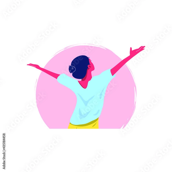Fototapeta A young woman stands with her back, arms outstretched to the sides. Freedom gesture. Vector illustration, flat cartoon color design, isolated on white background, eps 10.