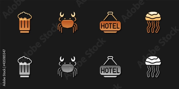 Fototapeta Set Wooden beer mug, Crab, Signboard with text Hotel and Jellyfish icon. Vector