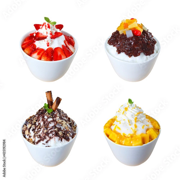Fototapeta Bingsu is a popular Korean shaved ice dessert with sweet toppings that may include chopped fruit, condensed milk, fruit syrup, and red beans.