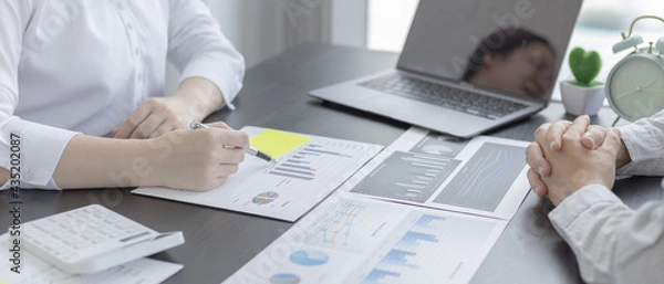 Fototapeta Brainstorm team, Marketers and financial accountants are discussing and analyzing charts to plan strategies to meet customer needs, Using graphs and laptops to analyze business data, Meeting concept.