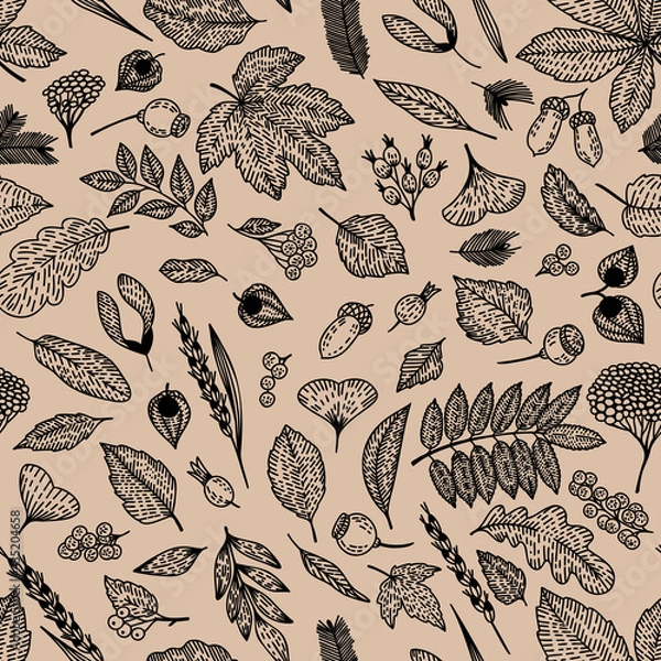 Fototapeta Fall forest berries, flower, branches, leaves are hand-draw, doodle graphic. Vector outline illustration. Autumn seamless pattern. Monochrome trendy Flat design. For Textile, Wallpaper, Cards