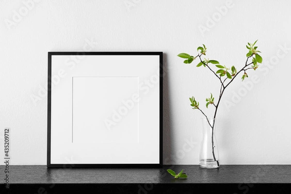 Obraz Frame mockup. Poster with plant in vase. Black square photo frame with passepartout.