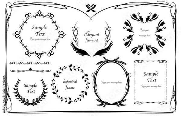 Obraz アンティーク_ヴィンテージ_フレーム_セット_飾り罫_エレガント_罫線_黒_レトロ_羽_翼_葉_円_輪 elegant antique vintage frames set black