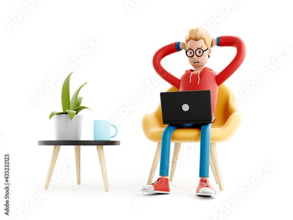 Fototapeta Cartoon character sits at the table with a laptop. concept of distance work, study and communication. Coder, designer or office worker, 3d illustration.