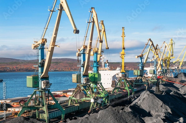 Fototapeta Heaps of coal in the Murmansk Commercial Sea Port. Loading of coal by buckets (grabs) of portal cranes into the holds of a dry cargo ship in the seaport
