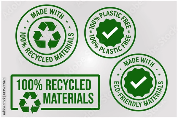 Fototapeta 100% recycled vector icon set such  as 'made with Eco friendly materials, made with recycled materials and 100% plastic free'