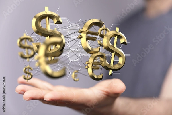 Fototapeta Packs of dollars and euro money symbol 3d.